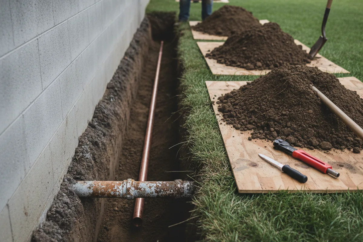 Excavated water line trench during Sewer Line Repair in Troutman